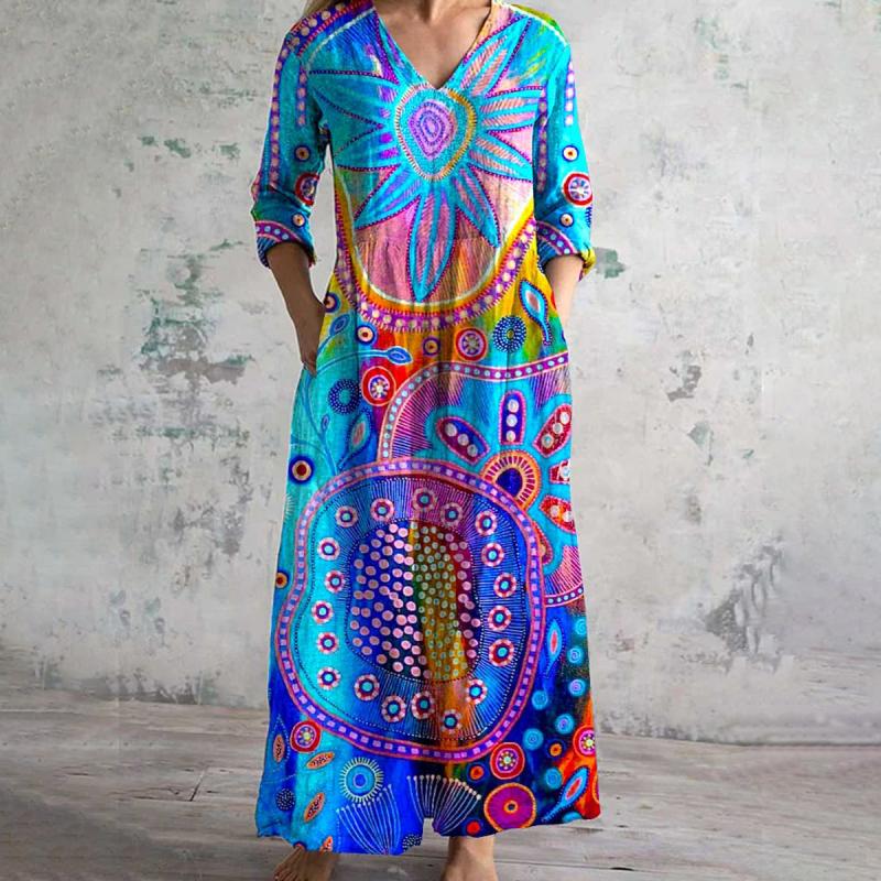 Damen Buntes Boho-Maxikleid mit V-Ausschnitt and Abstrakten Prints