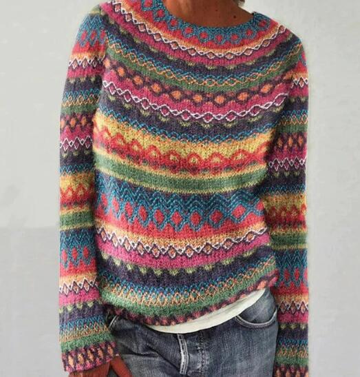 Damen Mehrfarbig Gestreifter Strickpullover | Winter