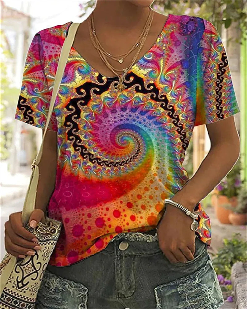 Damen Sommer Kurzarmhemd mit V-Ausschnitt and Spiralprint