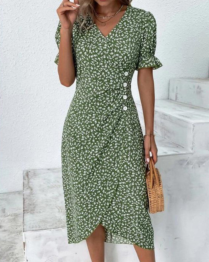 Damen-Midi-Kleid mit Druck Wickelstil und V-Ausschnitt