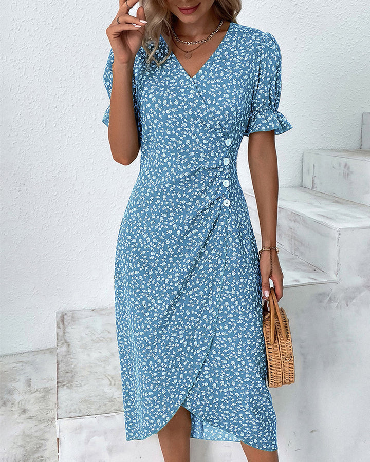 Damen-Midi-Kleid mit Druck Wickelstil und V-Ausschnitt