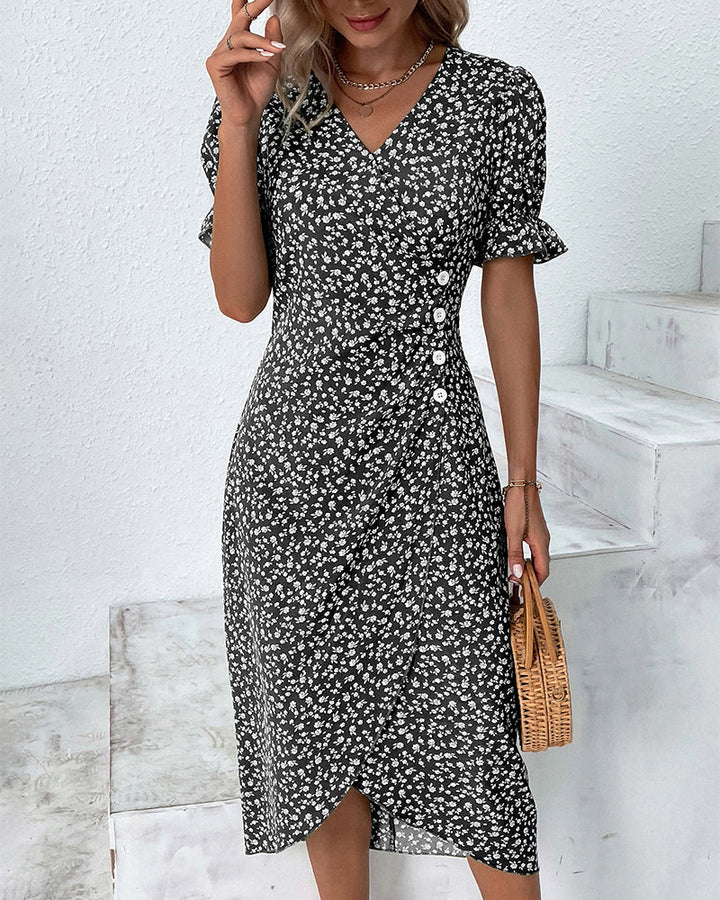 Damen-Midi-Kleid mit Druck Wickelstil und V-Ausschnitt