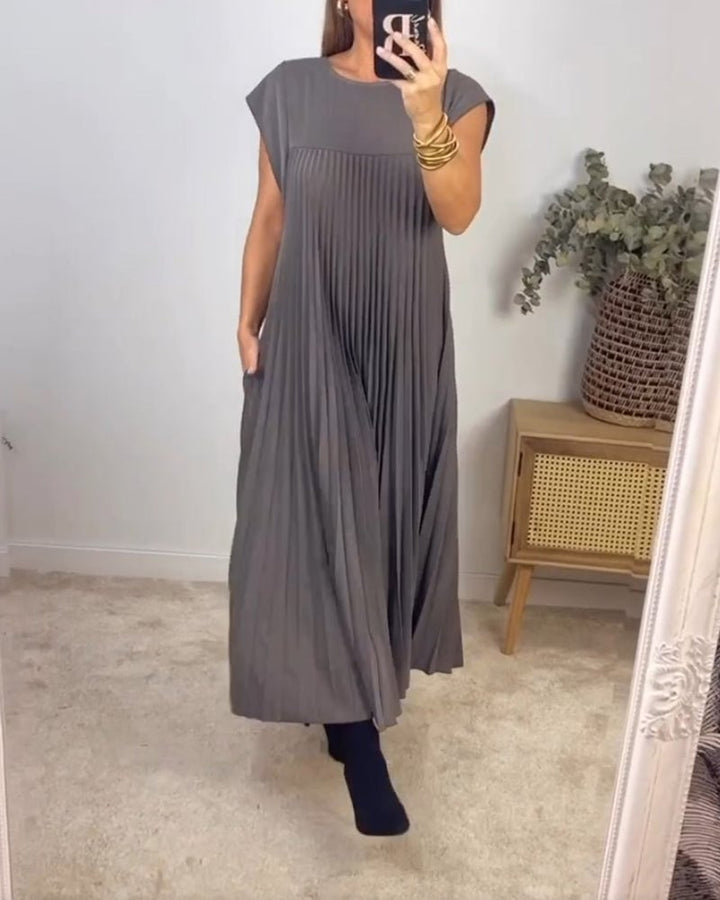 Damen-Midikleid mit Falten, Rundhalsausschnitt und kurzen Ärmeln