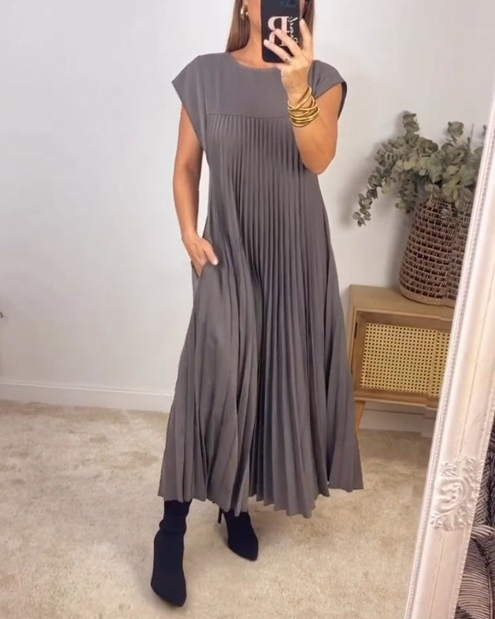 Damen-Midikleid mit Falten, Rundhalsausschnitt und kurzen Ärmeln