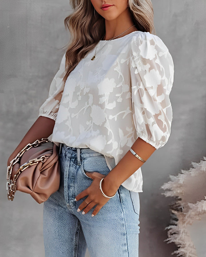 Damen Sommerbluse mit Floralem Jacquardmuster und Puffärmeln