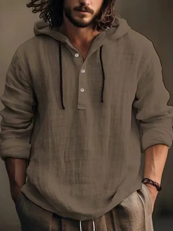 Herren Langarm-Linnen-Sweatshirt mit Kapuze und Knopfleiste