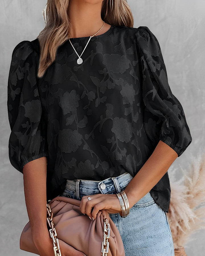 Damen Sommerbluse mit Floralem Jacquardmuster und Puffärmeln