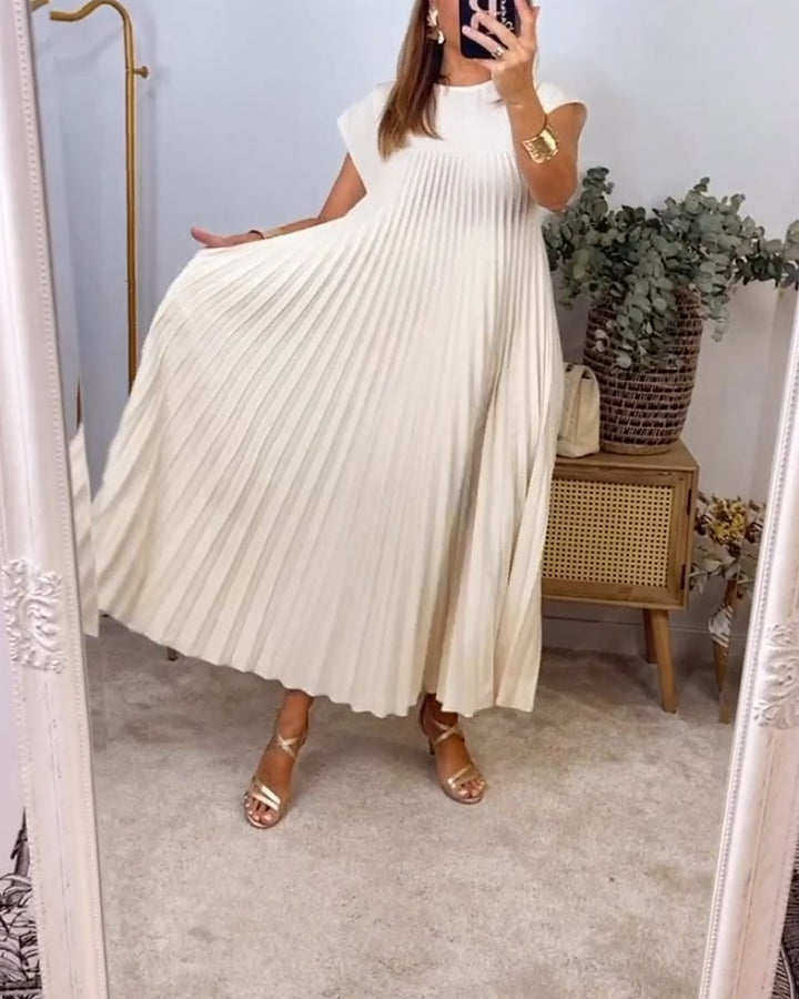 Damen-Midikleid mit Falten, Rundhalsausschnitt und kurzen Ärmeln