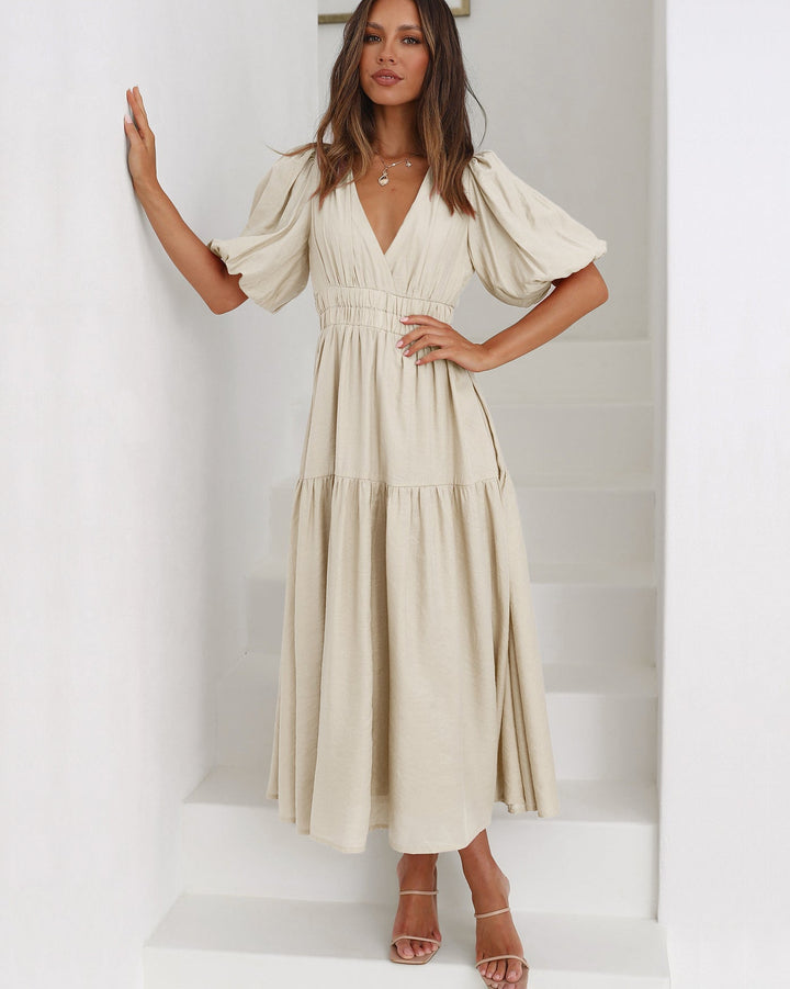 Damen-Midikleid mit Stufenrock und Puffärmeln