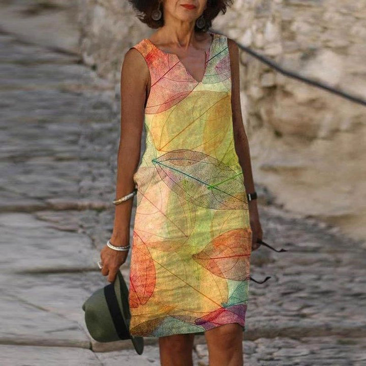 Ärmelloses Midikleid für Damen mit Blätterprint