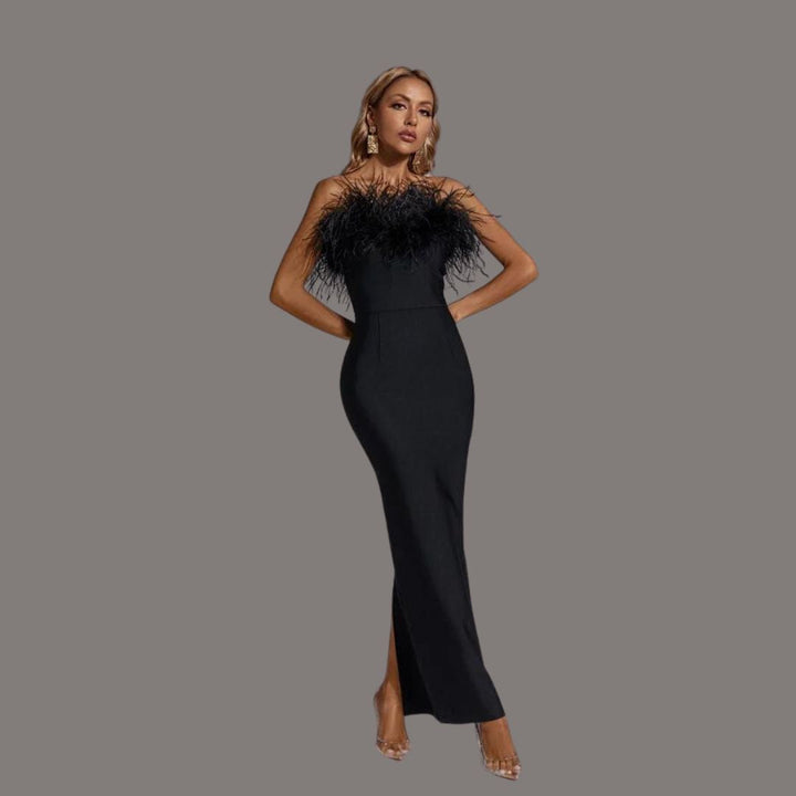 Damen Schulterfreies Langes Partykleid mit Federn