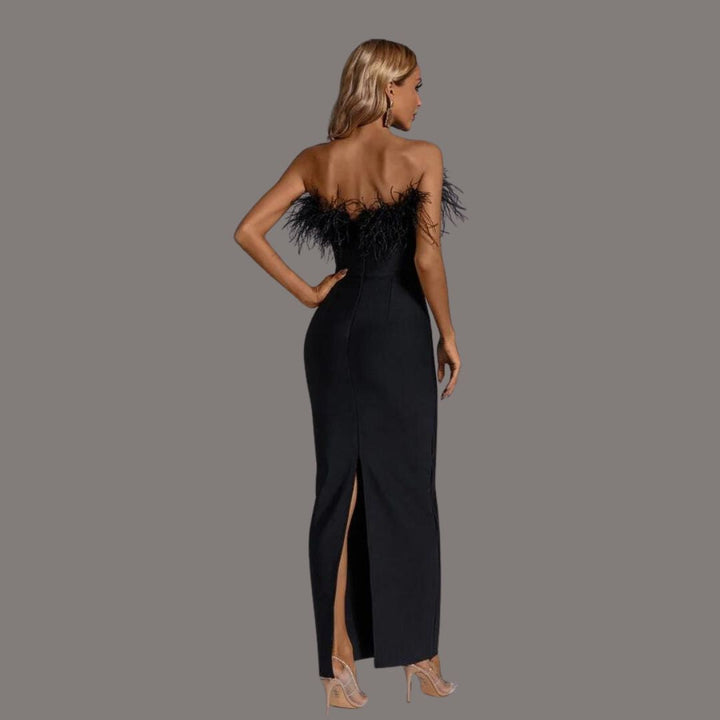 Damen Schulterfreies Langes Partykleid mit Federn