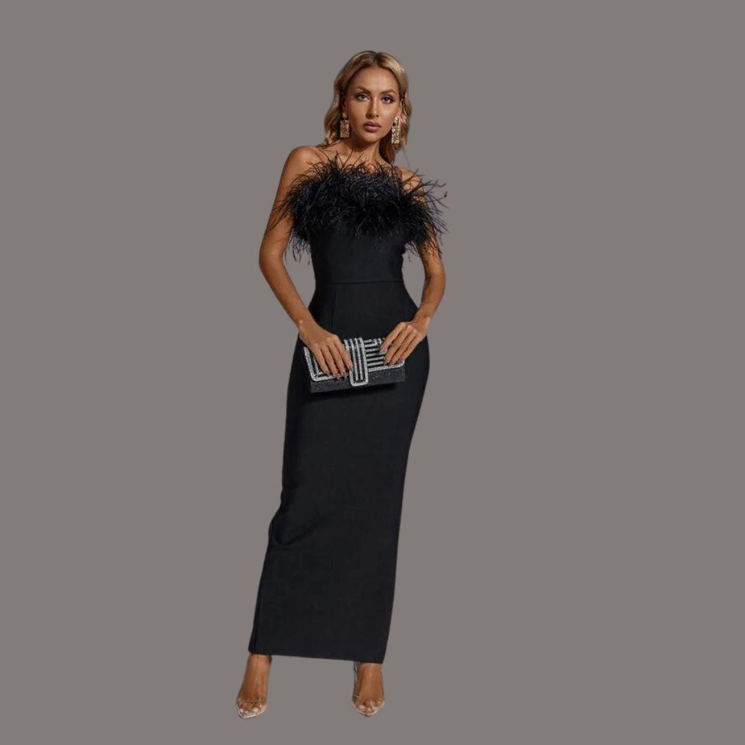 Damen Schulterfreies Langes Partykleid mit Federn