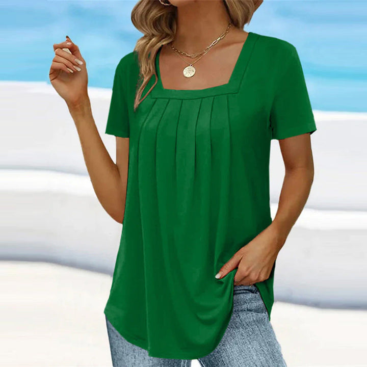 Damen-Bluse mit Falten, eckigem Ausschnitt und kurzen Ärmeln