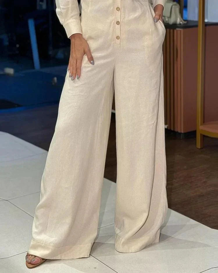 Damen-Leinenoverall mit Weitem Bein und Knopfleiste