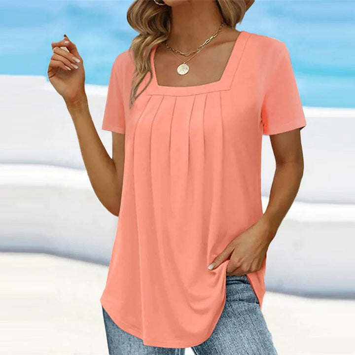 Damen-Bluse mit Falten, eckigem Ausschnitt und kurzen Ärmeln