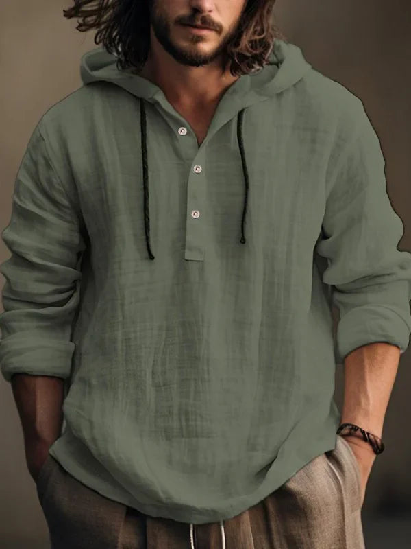 Herren Langarm-Linnen-Sweatshirt mit Kapuze und Knopfleiste