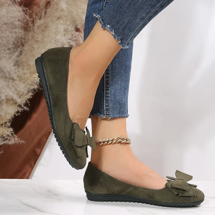Damen Wildleder Flache Schuhe mit Schleife und Strukturierter Sohle