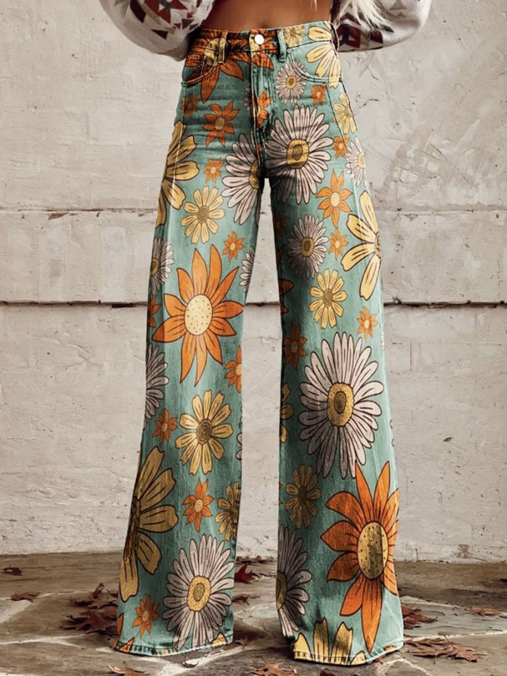 Damen Hochtaillierte Weitbein-Jeans mit Blumenmuster