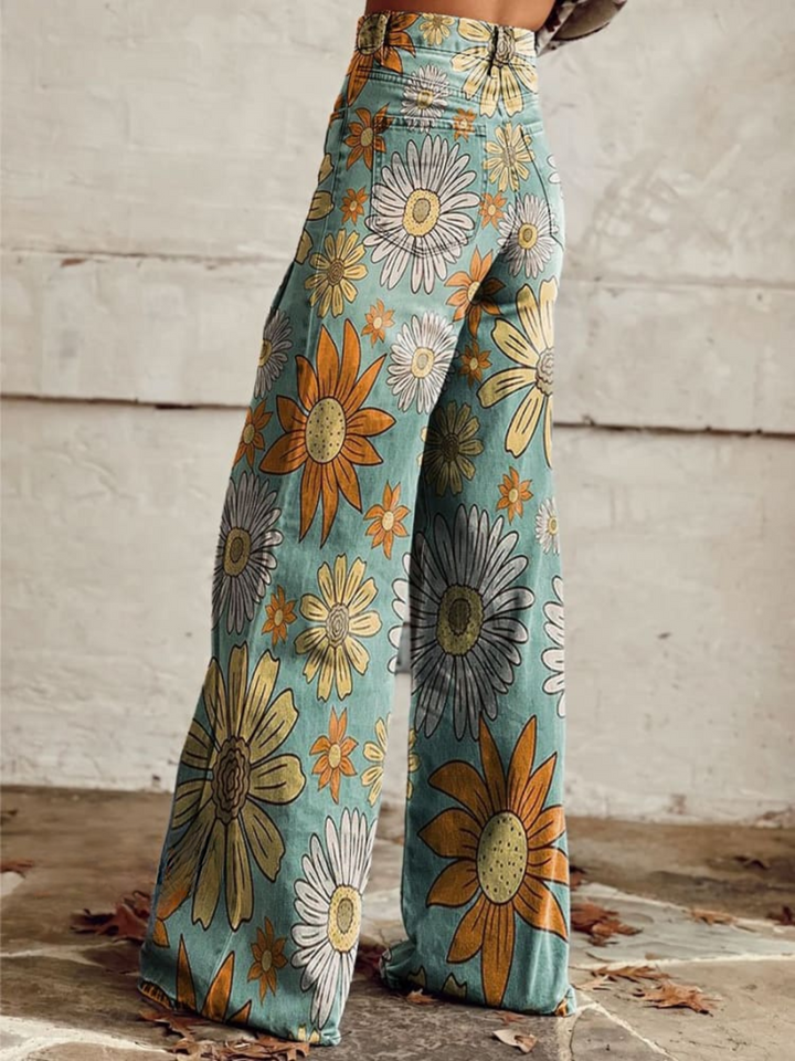 Damen Hochtaillierte Weitbein-Jeans mit Blumenmuster