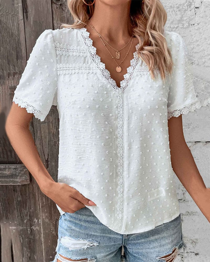 Damen Sommer Spitzenbluse mit Besticktem Stil and V-Ausschnitt