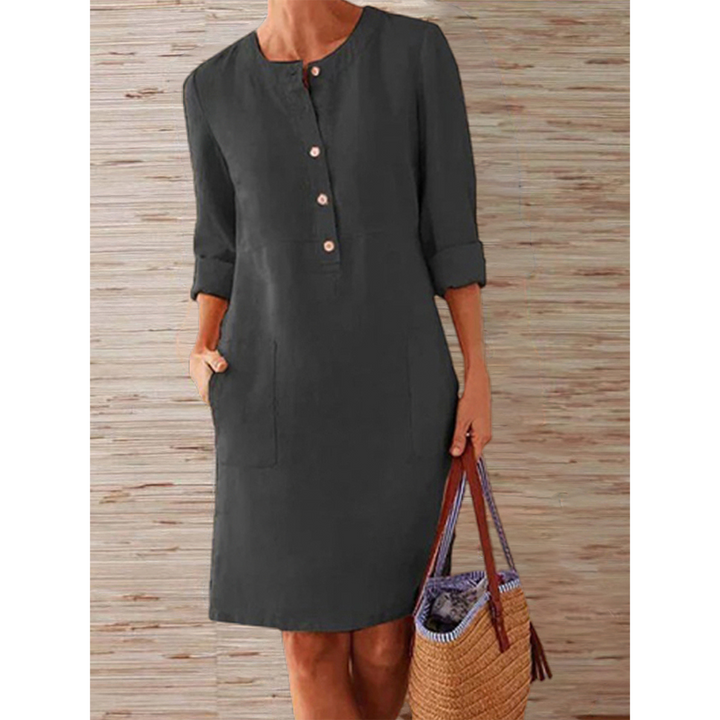Damen Sommer Umgeschlagenen Ärmeln Midikleid mit Knöpfen und Taschen