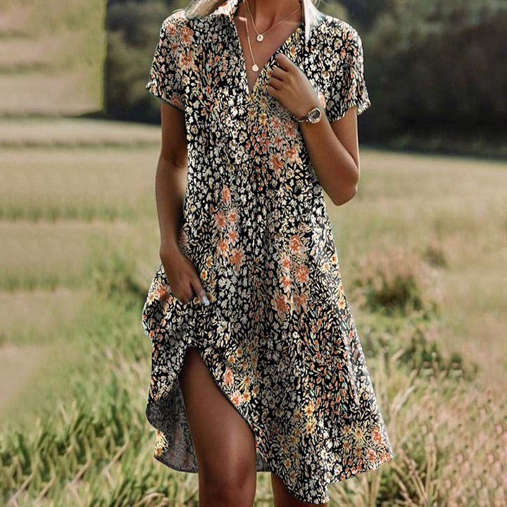 Damen-Casual-Midikleid mit Blumenmuster, V-Ausschnitt und kurzen Ärmeln