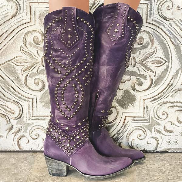 Kniehohe Cowboy-Stiefel Mit Blockabsatz Für Damen | Vintage