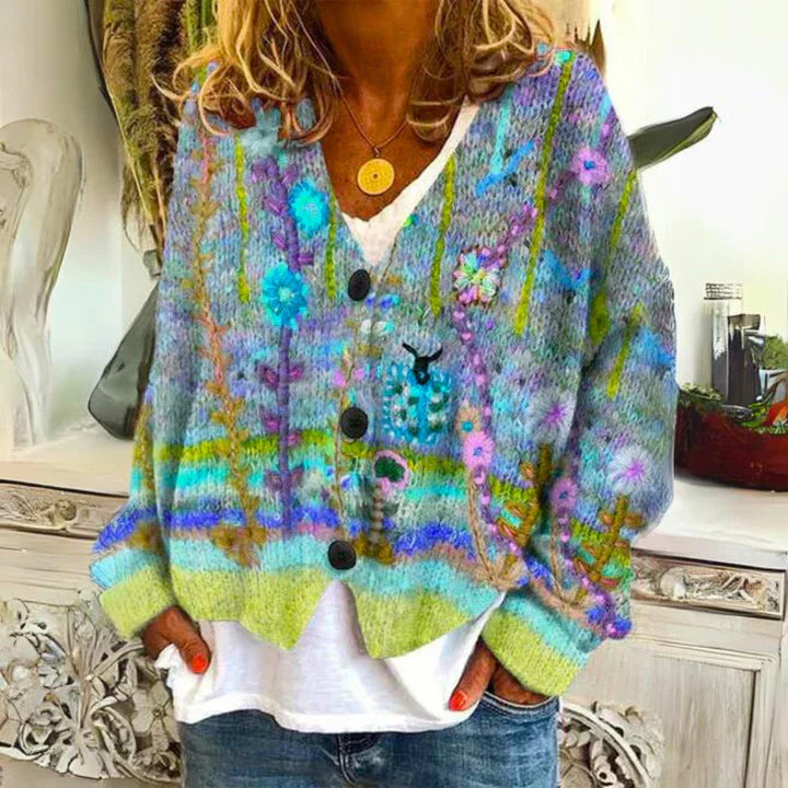 Damen Strickjacke Mit Blumenmuster Und V-Ausschnitt | Mit Knopfleiste