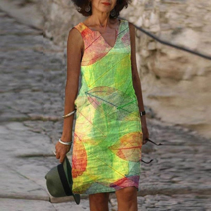 Ärmelloses Midikleid für Damen mit Blätterprint