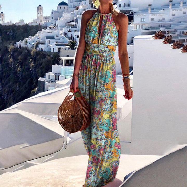 Damen ärmelloses Boho-Maxikleid mit Neckholder-Ausschnitt
