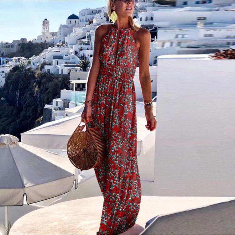 Damen ärmelloses Boho-Maxikleid mit Neckholder-Ausschnitt