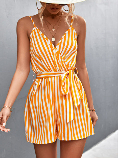 Damen Wickel-Jumpsuit ohne Ärmel mit V-Ausschnitt und Bindegürtel