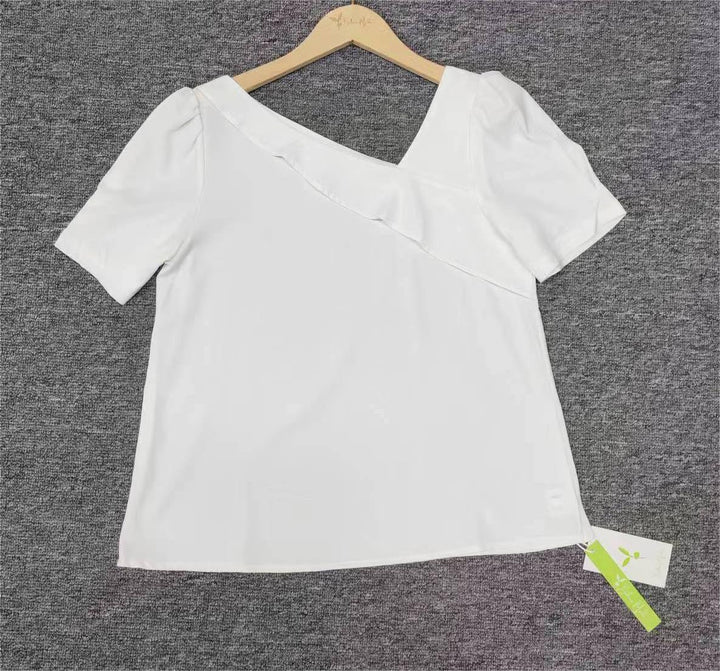 Damen Bluse mit kurzen Puffärmeln und asymmetrischem V-Ausschnitt