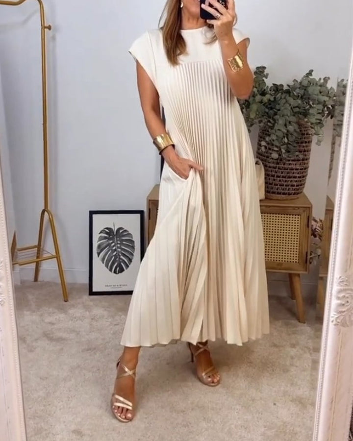 Damen-Midikleid mit Falten, Rundhalsausschnitt und kurzen Ärmeln