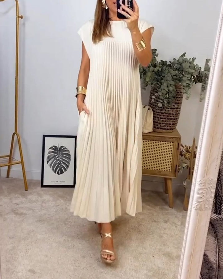 Damen-Midikleid mit Falten, Rundhalsausschnitt und kurzen Ärmeln
