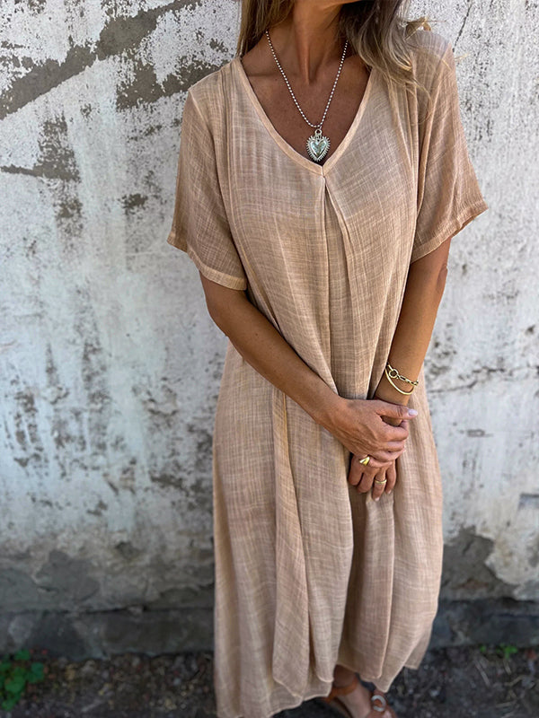 Damen-Midikleid aus Leinen mit V-Ausschnitt und kurzen Ärmeln