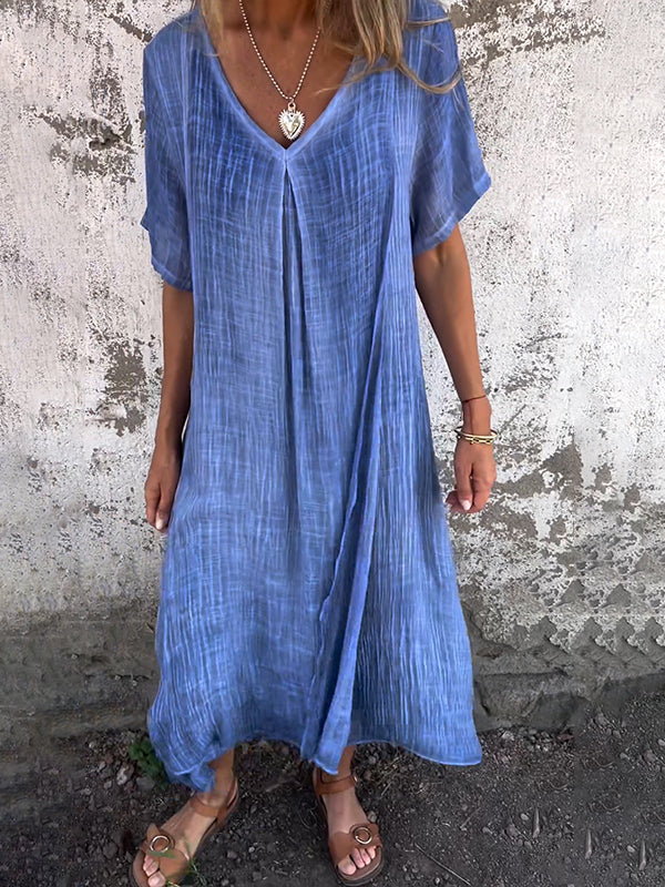 Damen-Midikleid aus Leinen mit V-Ausschnitt und kurzen Ärmeln