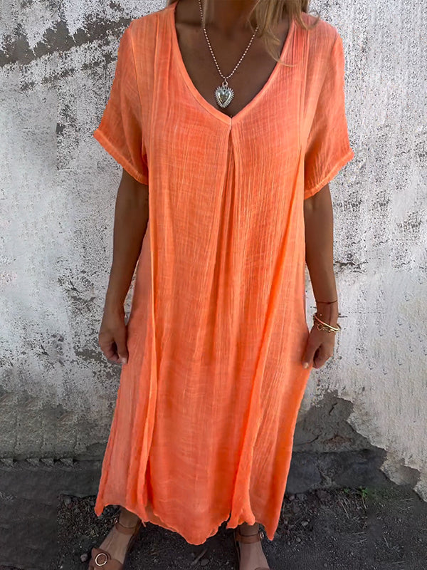 Damen-Midikleid aus Leinen mit V-Ausschnitt und kurzen Ärmeln