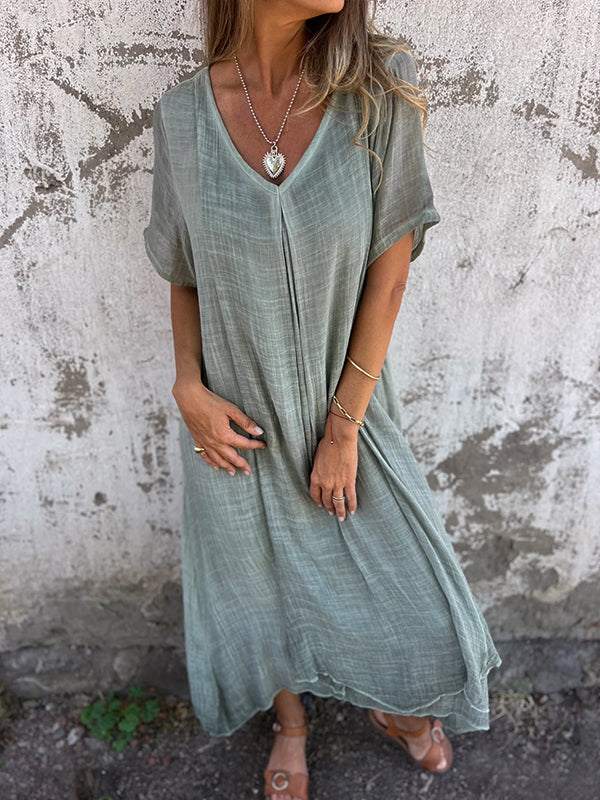 Damen-Midikleid aus Leinen mit V-Ausschnitt und kurzen Ärmeln