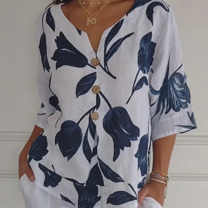 Damen Sommer Halblangen Ärmeln Bluse mit Blumenmuster und Knöpfe