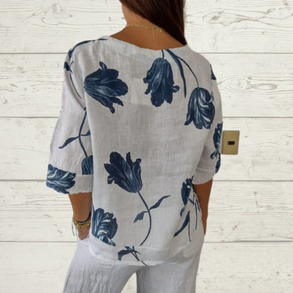 Damen Sommer Halblangen Ärmeln Bluse mit Blumenmuster und Knöpfe