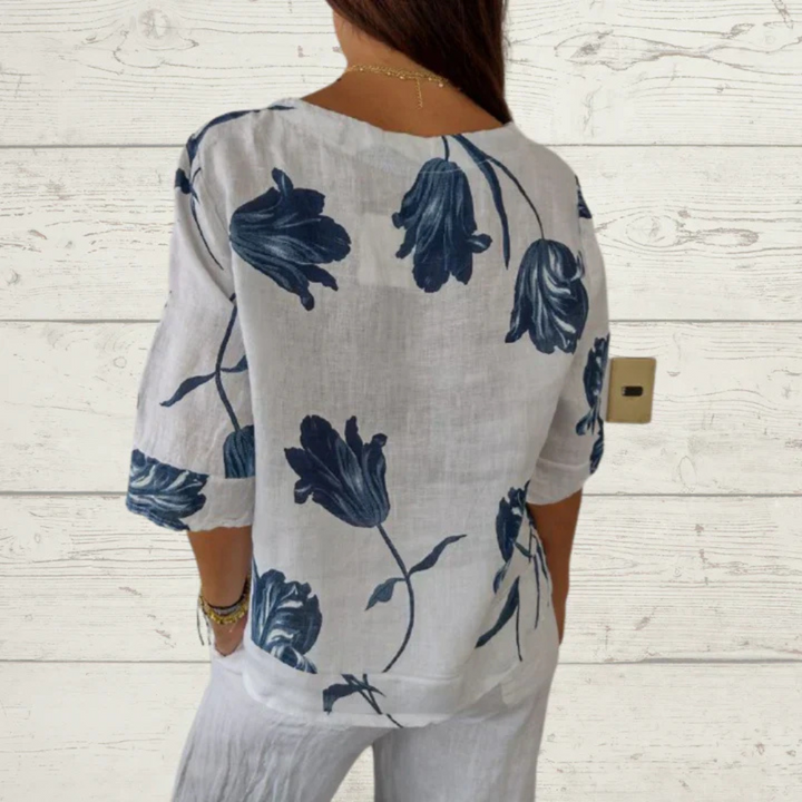Damen Sommer Halblangen Ärmeln Bluse mit Blumenmuster und Knöpfe