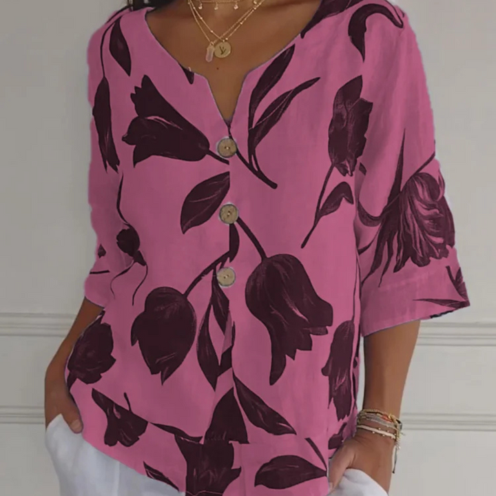 Damen Sommer Halblangen Ärmeln Bluse mit Blumenmuster und Knöpfe