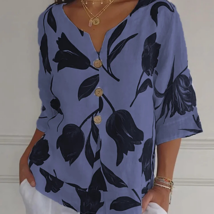 Damen Sommer Halblangen Ärmeln Bluse mit Blumenmuster und Knöpfe