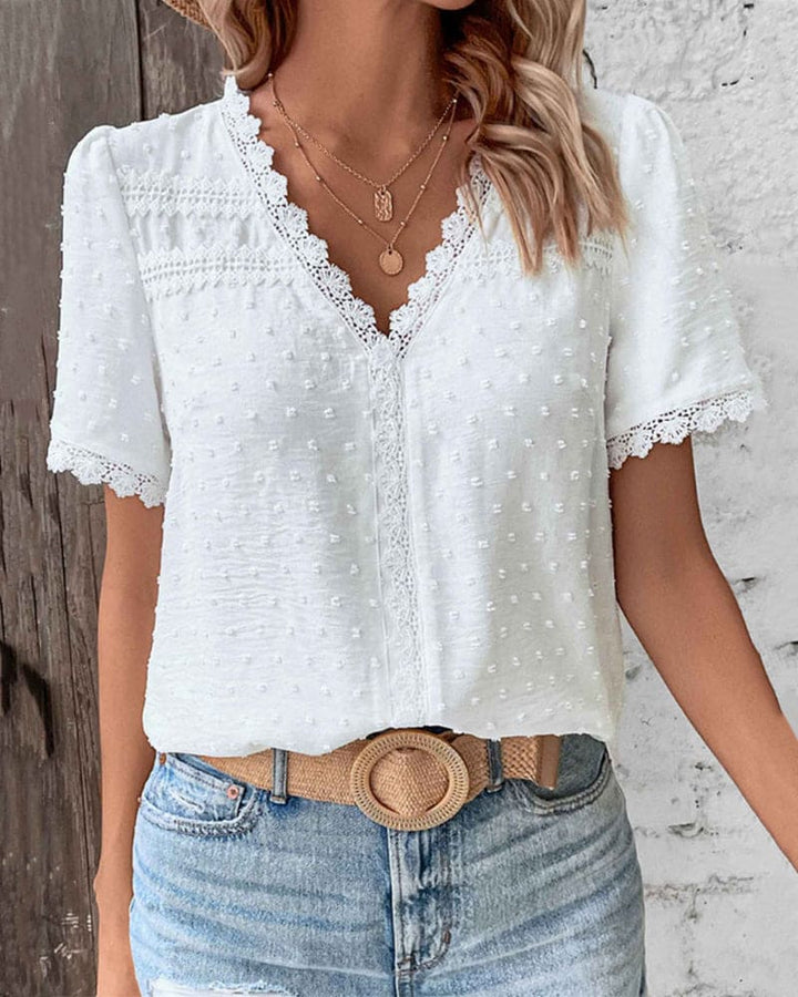 Damen Sommer Spitzenbluse mit Besticktem Stil and V-Ausschnitt