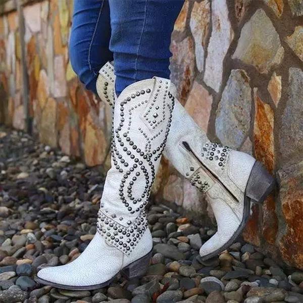 Kniehohe Cowboy-Stiefel Mit Blockabsatz Für Damen | Vintage