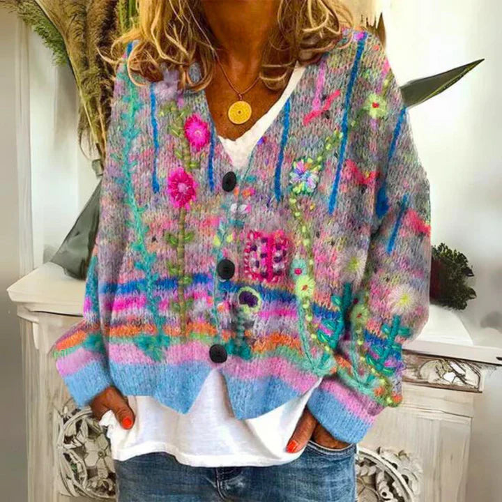 Damen Strickjacke Mit Blumenmuster Und V-Ausschnitt | Mit Knopfleiste