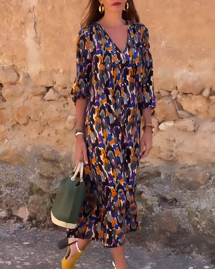 Damen-Midikleid mit abstraktem Muster und V-Ausschnitt