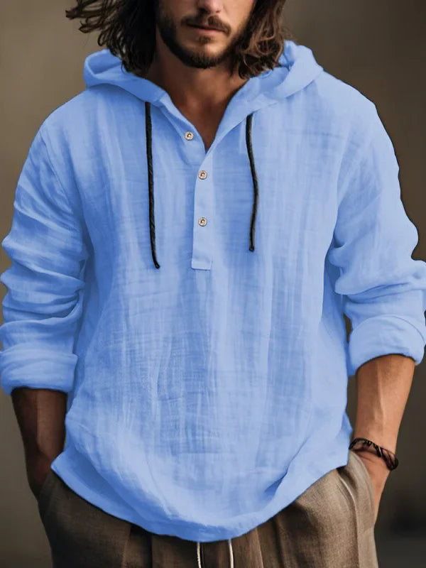 Herren Langarm-Linnen-Sweatshirt mit Kapuze und Knopfleiste
